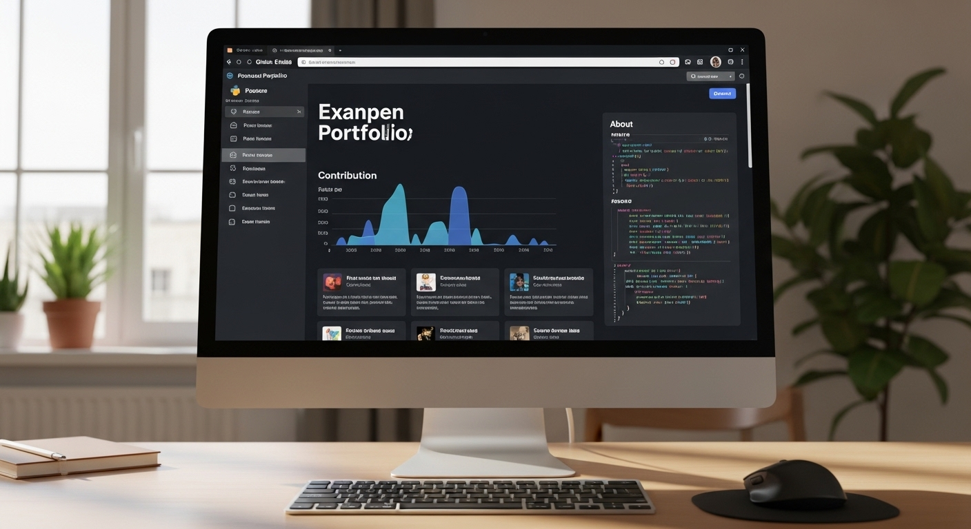 Màn hình máy tính trong không gian làm việc hiện đại, trình bày portfolio GitHub mẫu mực. Đây là minh chứng kỹ năng thực tế lý tưởng cho một mẫu CV IT ấn tượng, với dự án, đoạn mã và biểu đồ đóng góp rõ ràng. Màn hình máy tính trong không gian làm việc hiện đại, trình bày portfolio GitHub mẫu mực. Đây là minh chứng kỹ năng thực tế lý tưởng cho một mẫu CV IT ấn tượng, với dự án, đoạn mã và biểu đồ đóng góp rõ ràng.