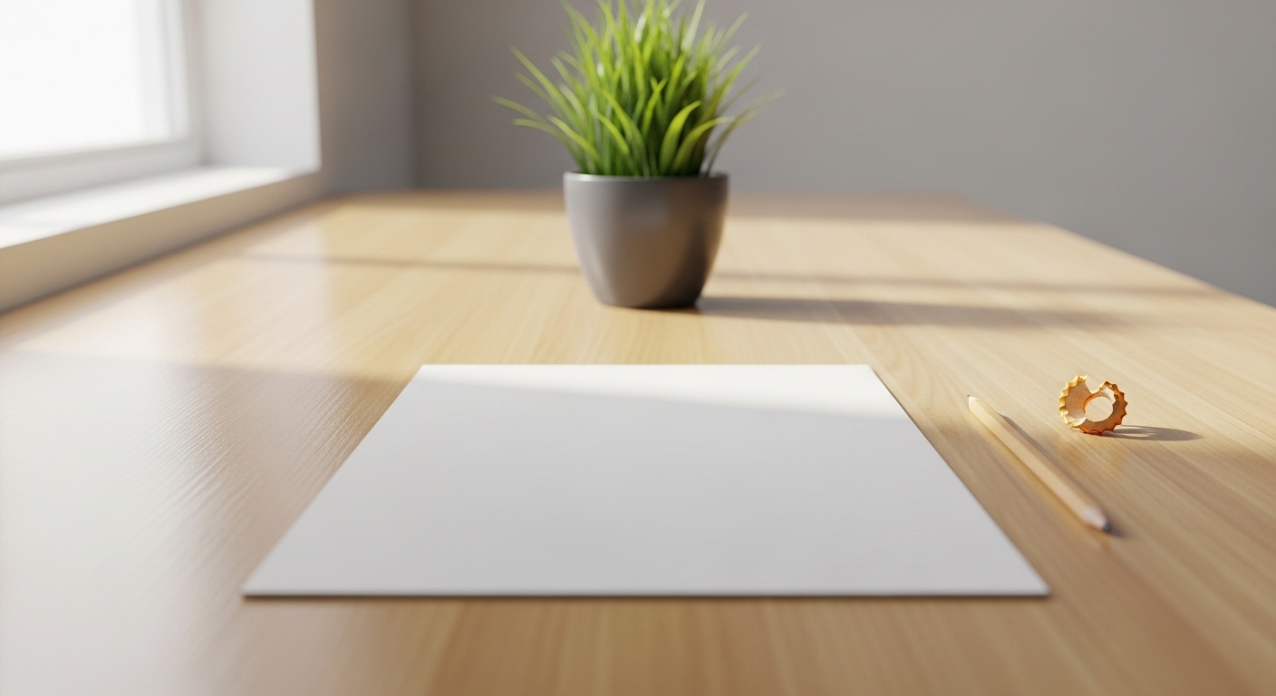 Bàn làm việc chuyên nghiệp, gọn gàng với một tờ giấy trắng và bút chì sắc nhọn, lý tưởng để chuẩn bị hồ sơ xin việc bác sĩ.