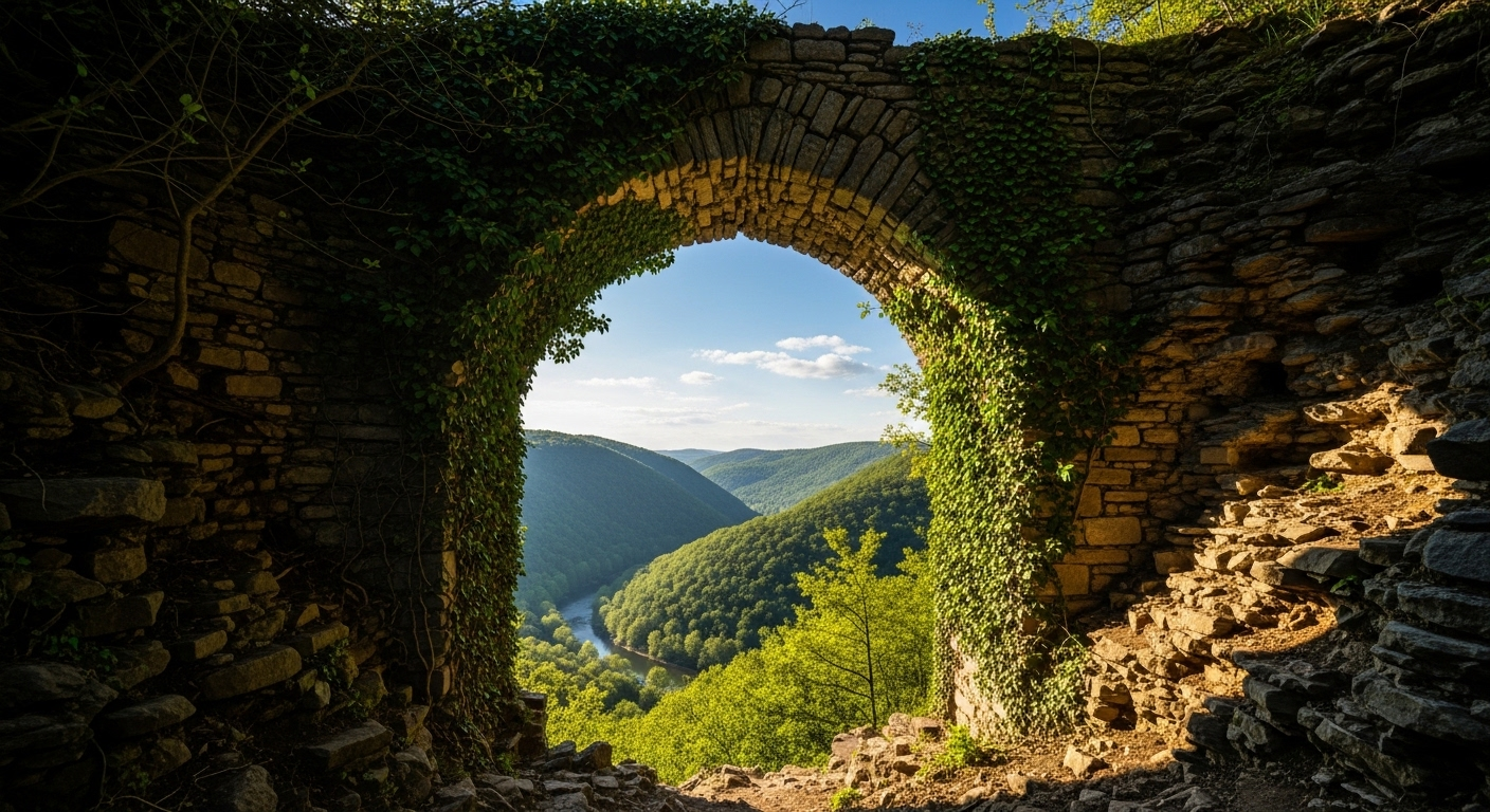 Cổng vòm đá cổ kính phủ rêu phong, mở ra phong cảnh thiên nhiên xanh tươi, tượng trưng cho một khởi đầu mới. Bạn có thắc mắc Hồ sơ xin việc có cần bảng điểm không khi bắt đầu hành trình sự nghiệp?