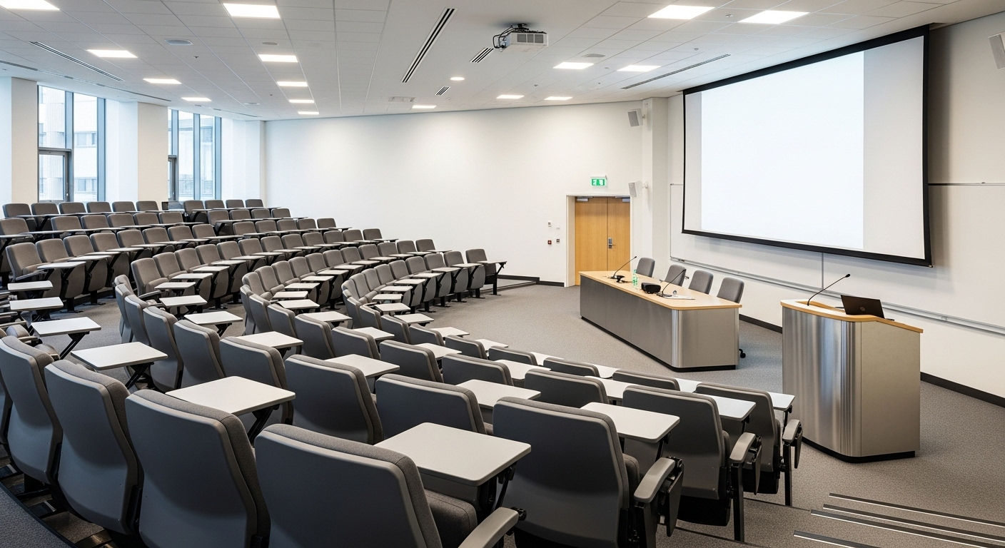 Không gian giảng đường hiện đại, rộng rãi với hàng ghế bậc thang và màn hình lớn, thể hiện môi trường học tập chất lượng tại các đại học top đầu Việt Nam. Không gian giảng đường hiện đại, rộng rãi với hàng ghế bậc thang và màn hình lớn, thể hiện môi trường học tập chất lượng tại các đại học top đầu Việt Nam.