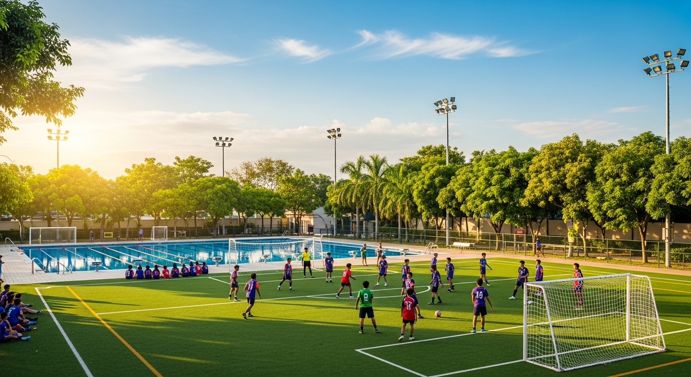 Khu liên hợp thể thao hiện đại của một trường quốc tế ở Hà Nội, với học sinh chơi bóng đá trên sân cỏ xanh mướt và bể bơi trong xanh phản chiếu bầu trời.