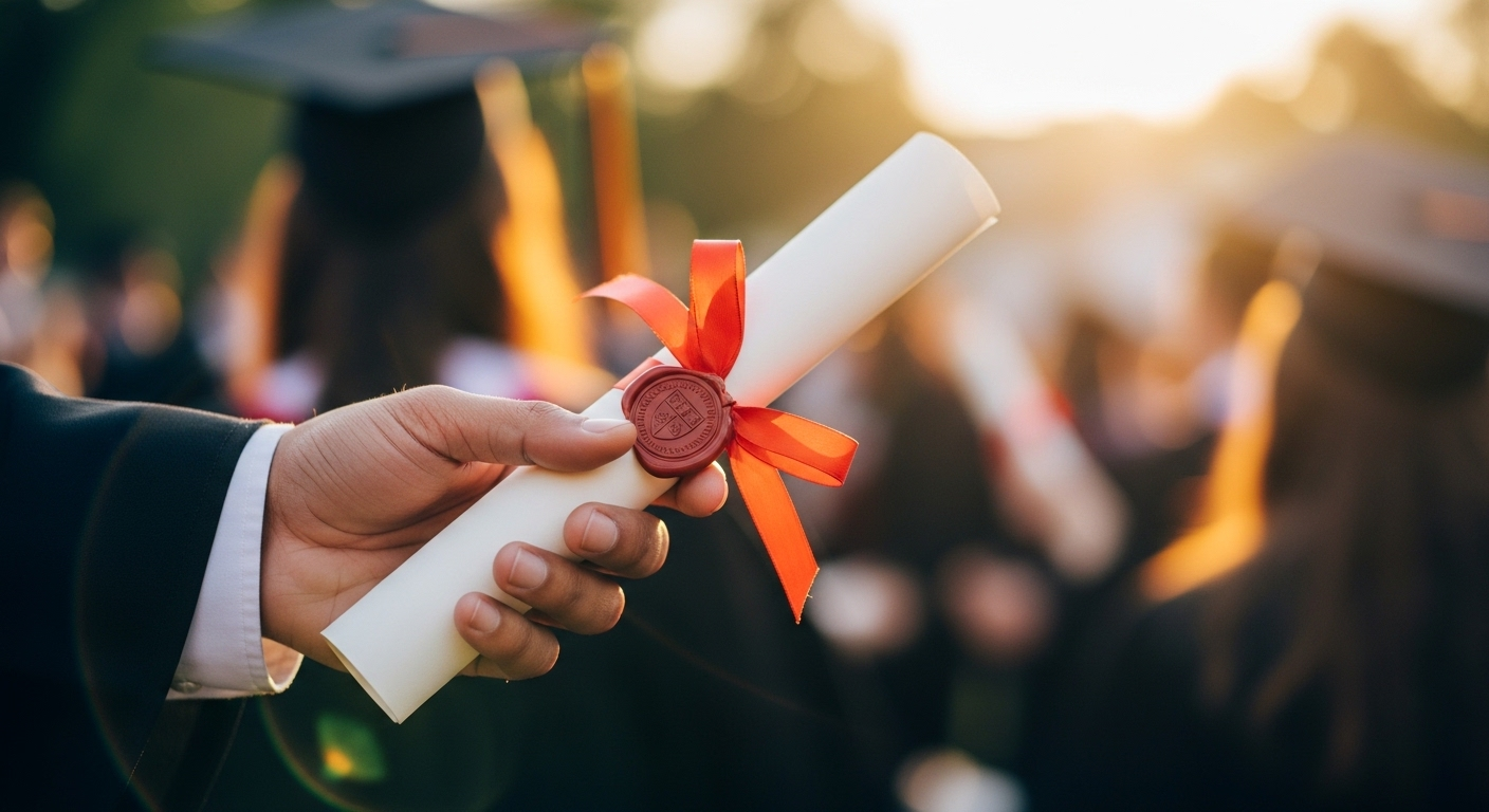 Tay cầm bằng tốt nghiệp cuộn tròn, buộc ruy băng, tượng trưng cho thành quả học tập tại các trường đại học top đầu miền Bắc.