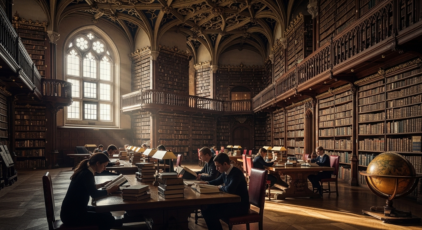 Hình ảnh thư viện đại học rộng lớn, tráng lệ với sinh viên đọc sách dưới ánh nắng, thể hiện không khí học thuật đỉnh cao của các top 100 trường đại học toàn cầu.