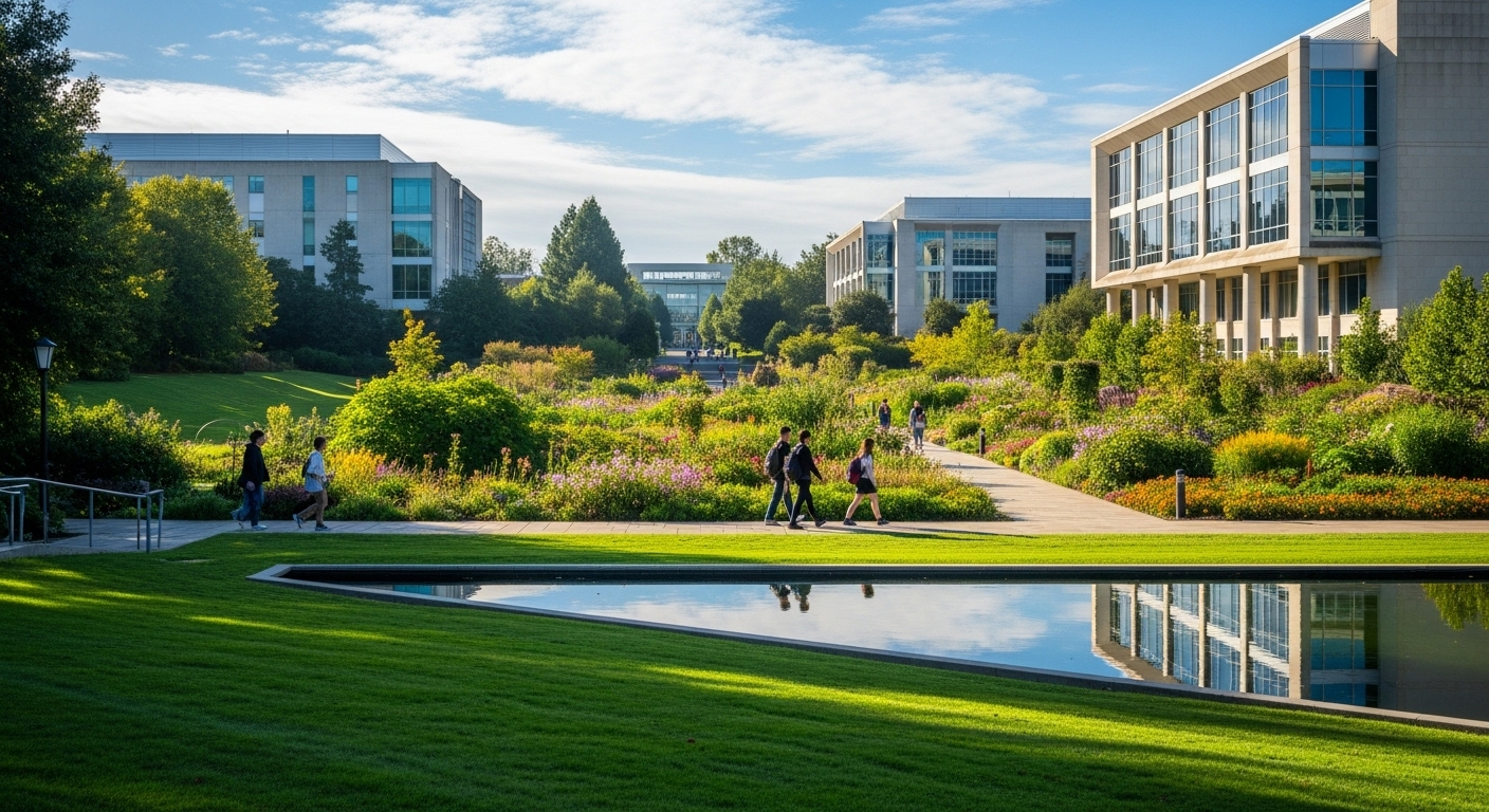 Khuôn viên xanh mướt, hiện đại của một trong các trường đại học tại TP.HCM, với sinh viên đi dạo giữa bãi cỏ và vườn cây.