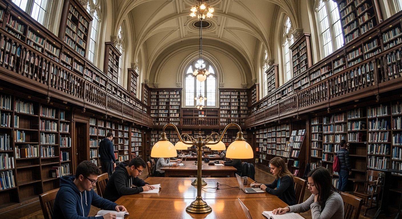 Thư viện đại học rộng lớn, sang trọng với kệ sách gỗ cao vút và sinh viên đang chuyên tâm học tập – một đặc điểm nổi bật của các đại học tốt nhất Việt Nam.