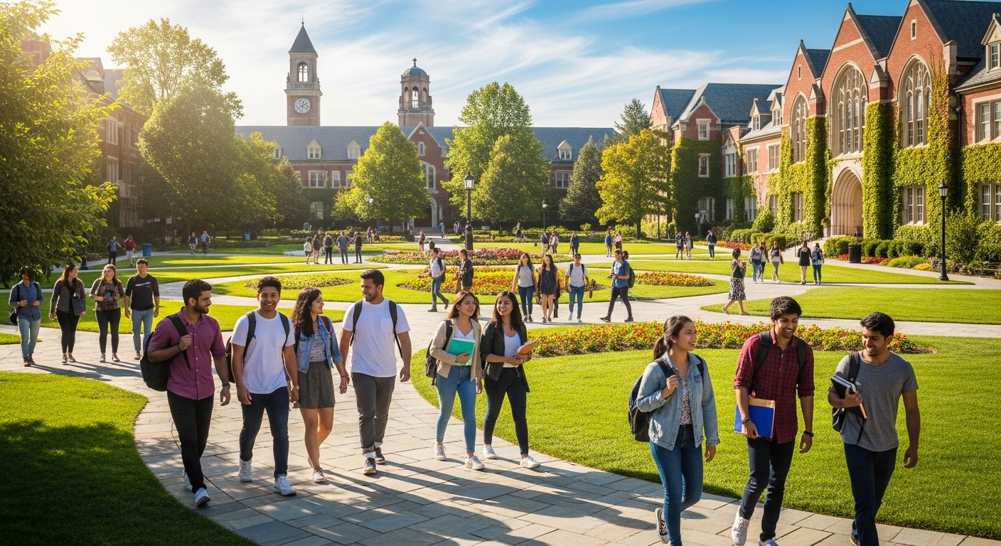 Khuôn viên trường đại học quốc tế sôi động dưới nắng, với sinh viên đa quốc gia giao lưu. Điển hình cho môi trường học tập tại top trường đại học thế giới 2024-2025 theo THE.