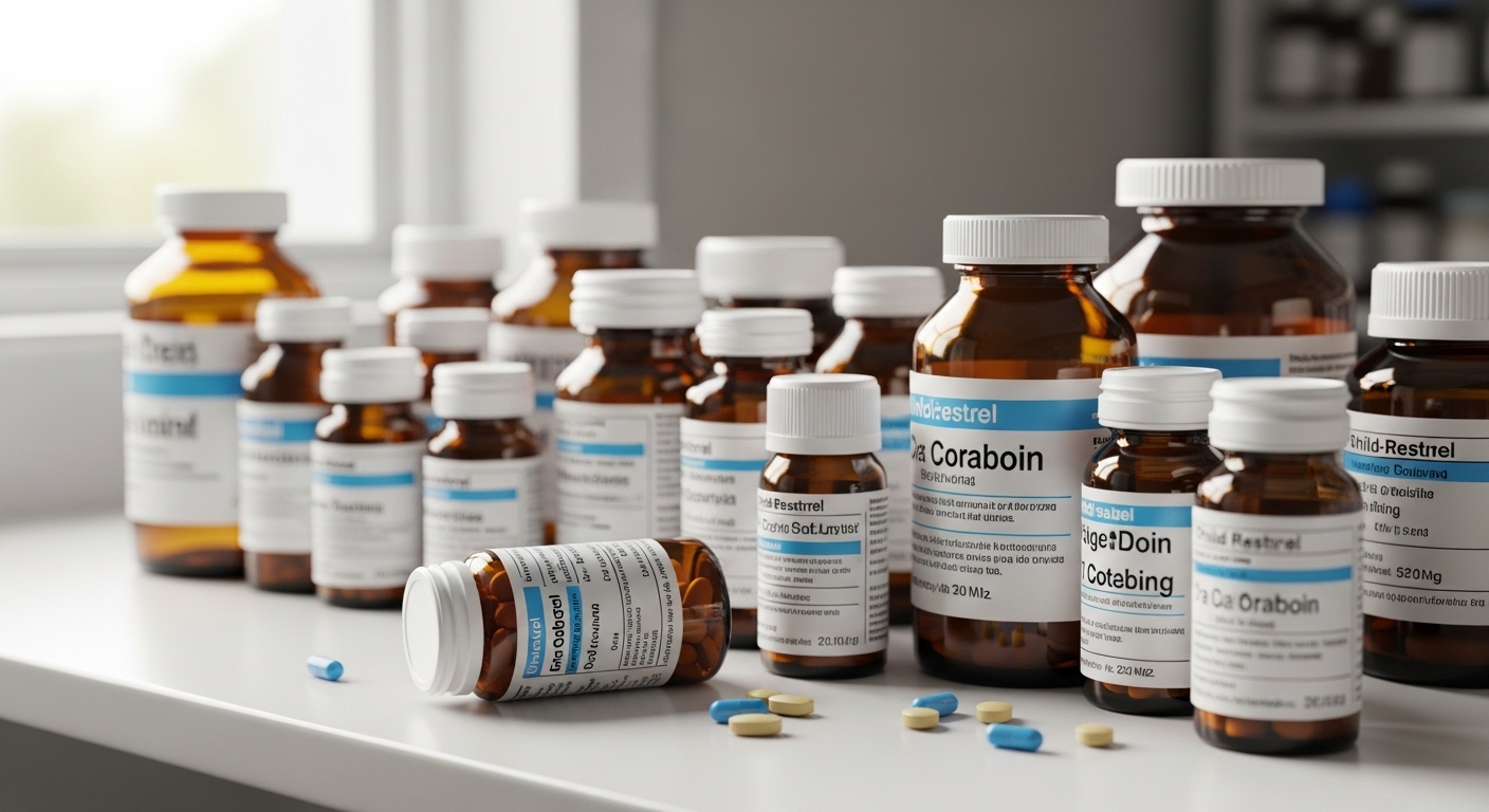 Cận cảnh quầy dược sĩ sạch sẽ với chai lọ thuốc và viên nén sắp xếp tỉ mỉ, tượng trưng cho tiêu chuẩn cao trong đào tạo ngành y tế và dược phẩm, vốn là điểm nhấn của bảng xếp hạng đại học khối sức khỏe.