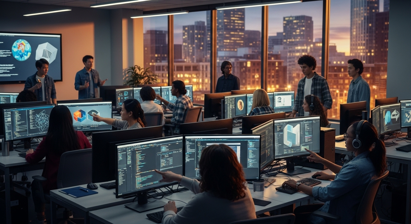 Sinh viên học tập và hợp tác trong phòng lab máy tính hiện đại tại các trường đại học có ngành công nghệ thông tin, với màn hình hiển thị code và thiết kế kỹ thuật số phức tạp trên máy trạm công nghệ cao.