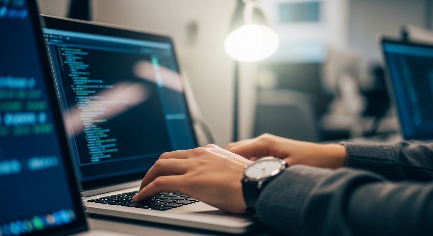 Cận cảnh tay sinh viên các trường đại học ở Đà Nẵng tập trung gõ bàn phím laptop trong phòng lab hiện đại, màn hình hiển thị code.