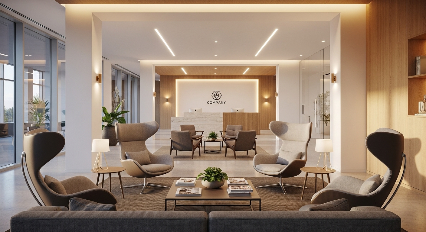 Khu vực tiếp tân văn phòng hiện đại, chuyên nghiệp, tạo không gian chờ thoải mái cho ứng viên sau khi trả lời thư mời phỏng vấn.