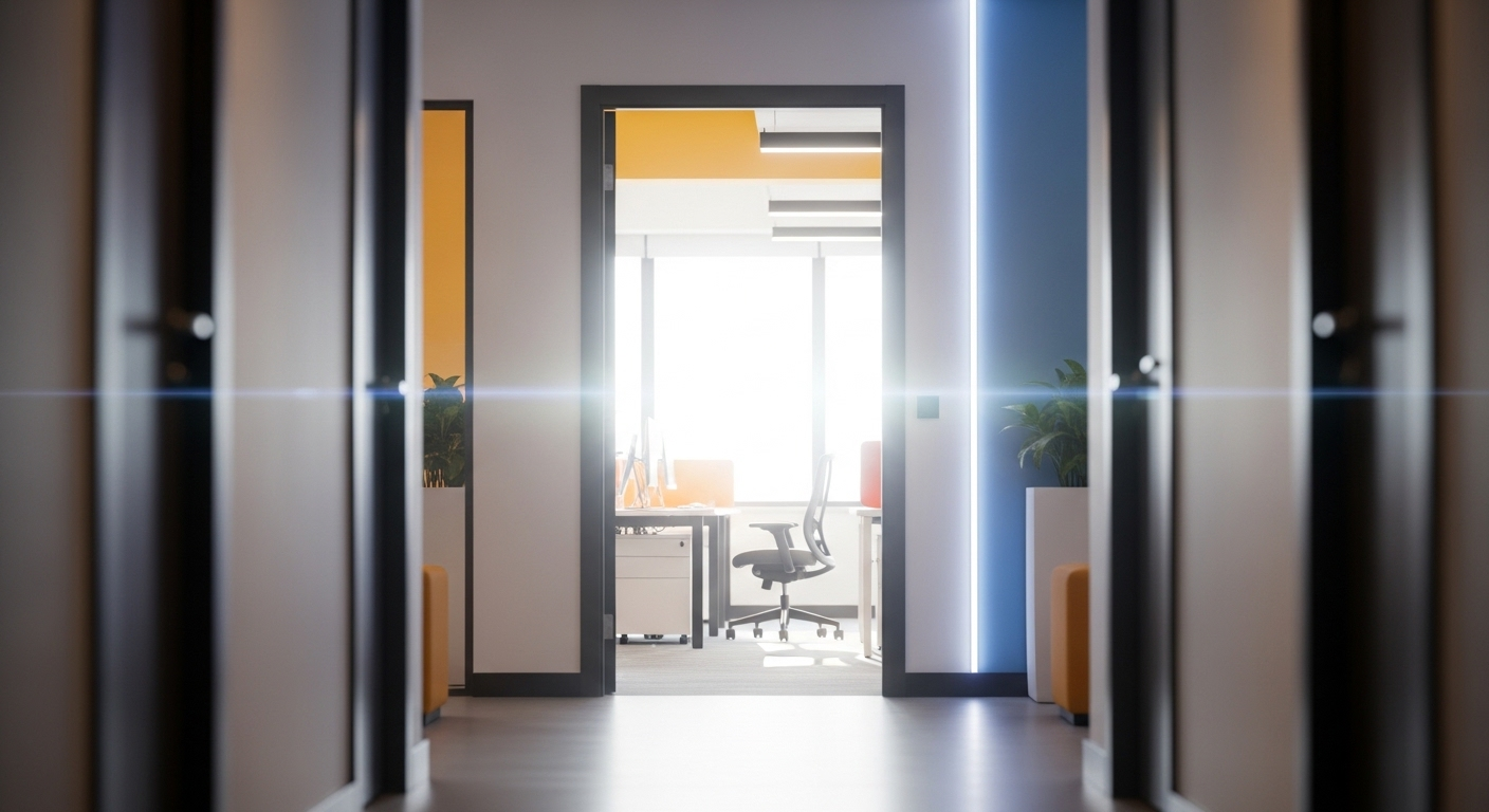 Lối vào văn phòng hiện đại, sáng bừng với thiết kế chuyên nghiệp, hứa hẹn một khởi đầu mới đầy tiềm năng. Hình ảnh lý tưởng cho những cơ hội mới sau khi bạn gửi thư cảm ơn sau phỏng vấn.