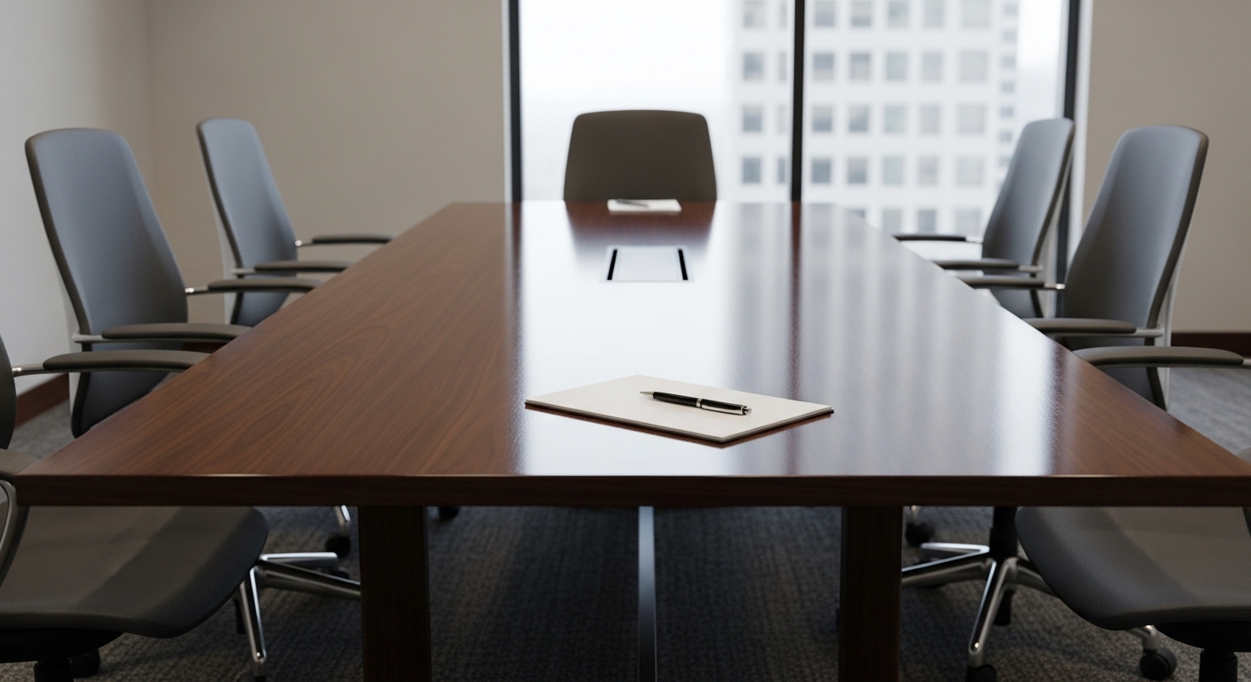 Bàn phòng họp chuyên nghiệp, sạch sẽ với hai ghế đối diện, sổ và bút, chuẩn bị cho buổi phỏng vấn hoặc thảo luận về câu hỏi phỏng vấn thực tập sinh.