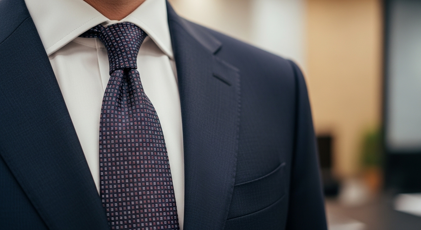 Áo vest xanh navy, sơ mi trắng và cà vạt chuyên nghiệp, thể hiện sự chuẩn bị chỉn chu cho buổi phỏng vấn, giúp bạn tự tin đối mặt các câu hỏi phỏng vấn tiếng Nhật.