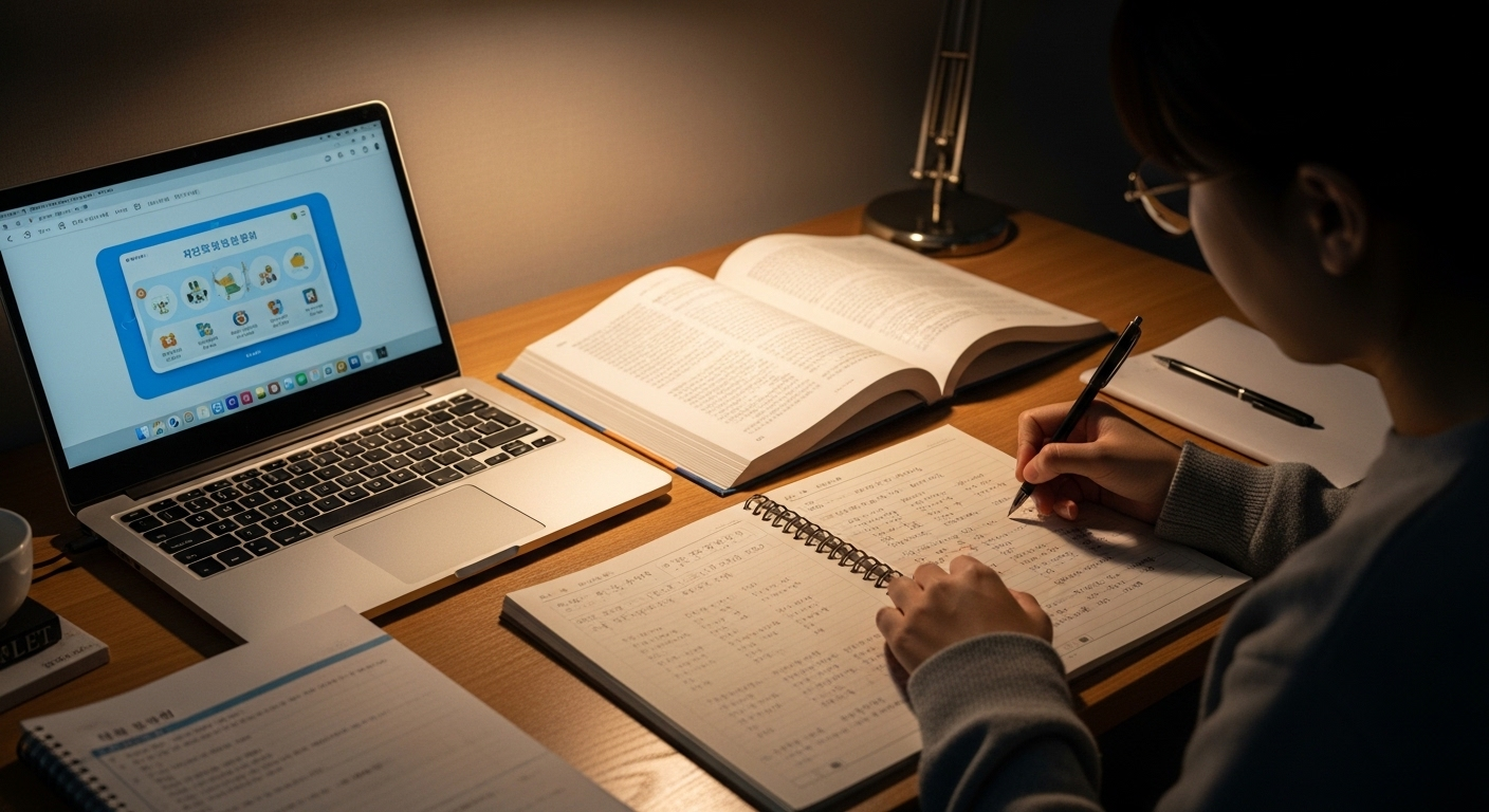 Người chăm chú học tiếng Hàn tại bàn gọn gàng với sách, laptop và tài liệu, chuẩn bị cho các tình huống như câu hỏi phỏng vấn tiếng Hàn.