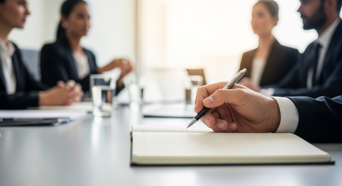 Bàn tay chuyên nghiệp cầm bút, suy nghĩ và ghi chú vào sổ tay trên bàn họp, chuẩn bị kỹ lưỡng cho 10 câu hỏi phỏng vấn thường gặp và cách trả lời.