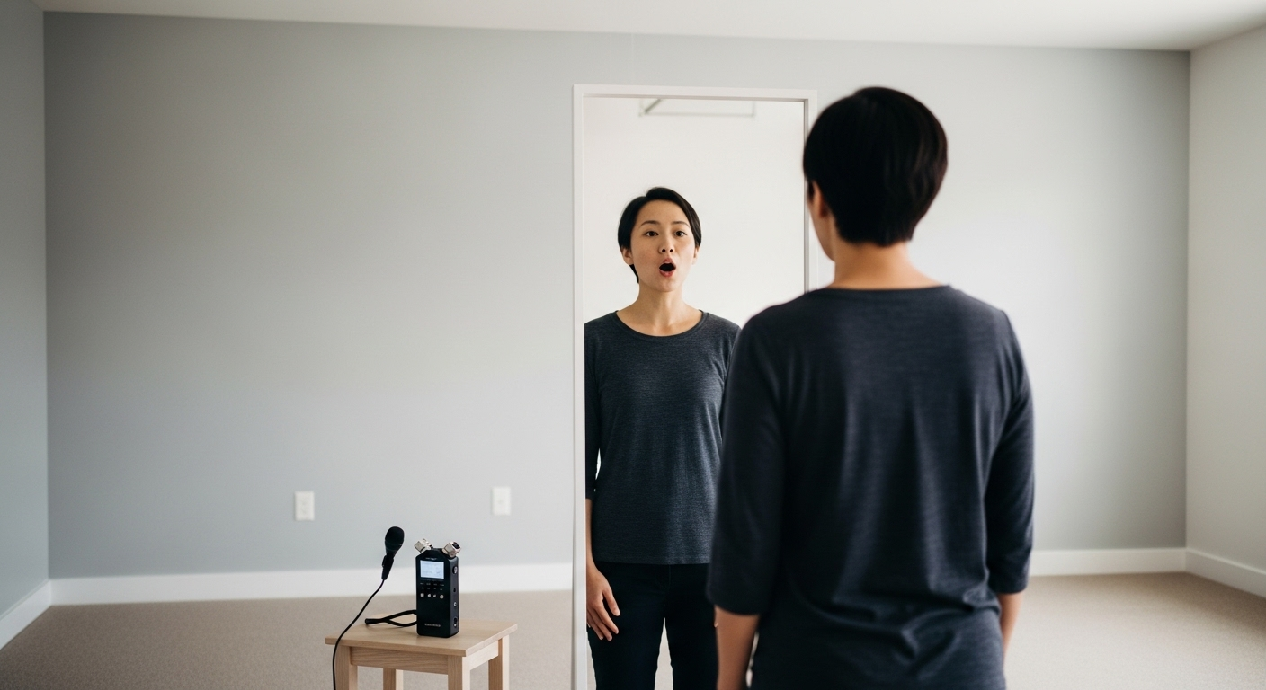 Một người đang luyện nói trước gương với máy ghi âm, chuẩn bị cho buổi phỏng vấn xin việc bằng tiếng Anh một cách tự tin và trôi chảy.