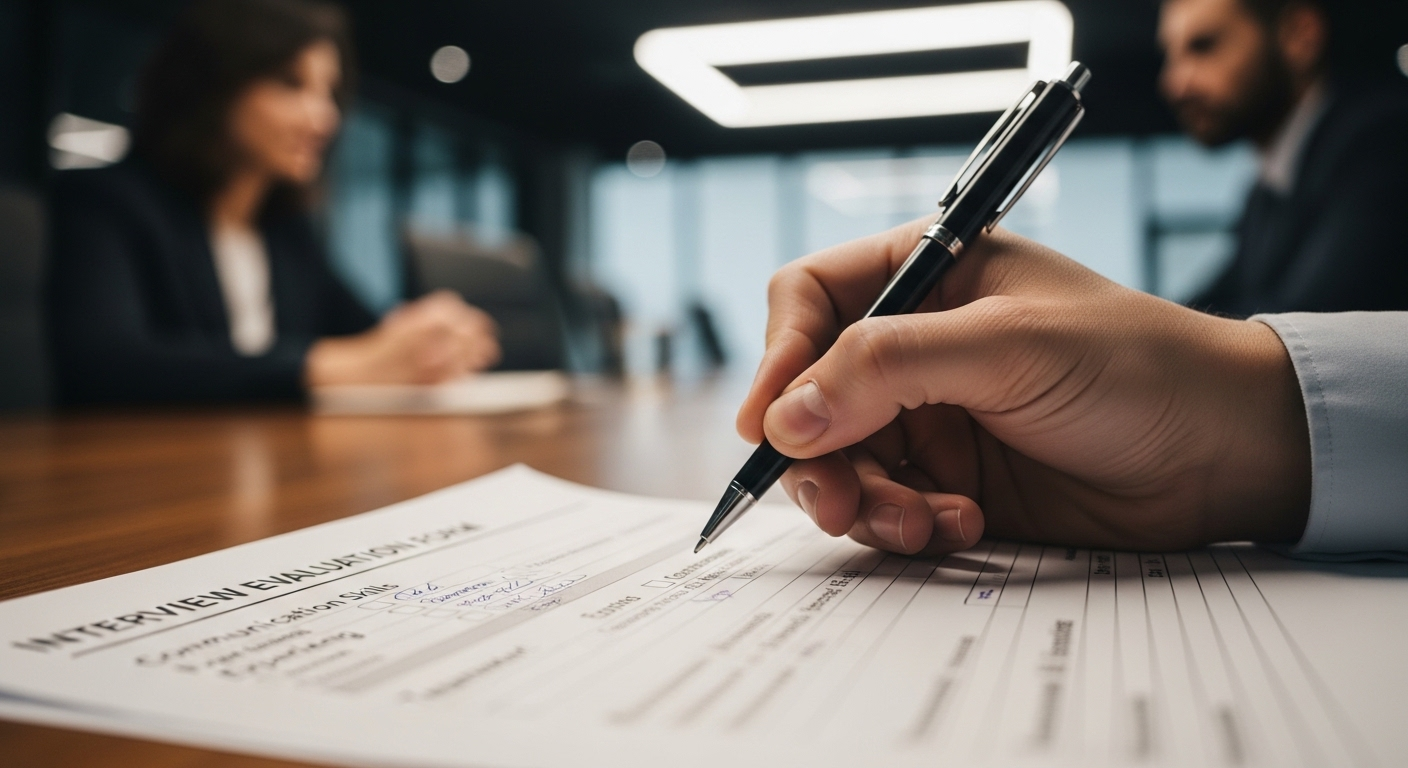 Bàn tay nhà tuyển dụng ghi chú chi tiết vào phiếu đánh giá ứng viên, dựa trên các tiêu chí và câu hỏi phỏng vấn cho nhà tuyển dụng chuyên nghiệp.