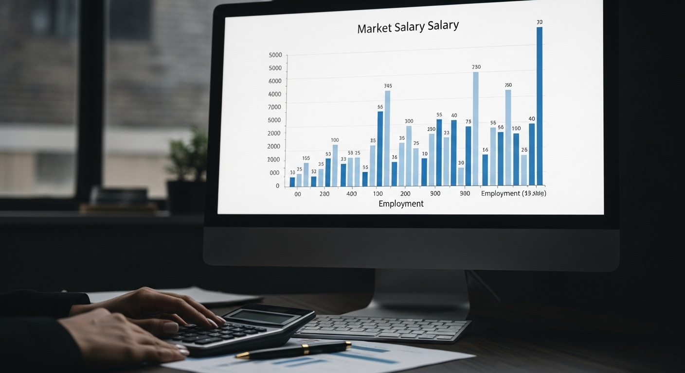 Màn hình máy tính hiển thị biểu đồ lương và thống kê việc làm. Nghiên cứu thị trường này giúp sinh viên mới ra trường chuẩn bị tốt hơn cho câu hỏi phỏng vấn sinh viên mới ra trường.