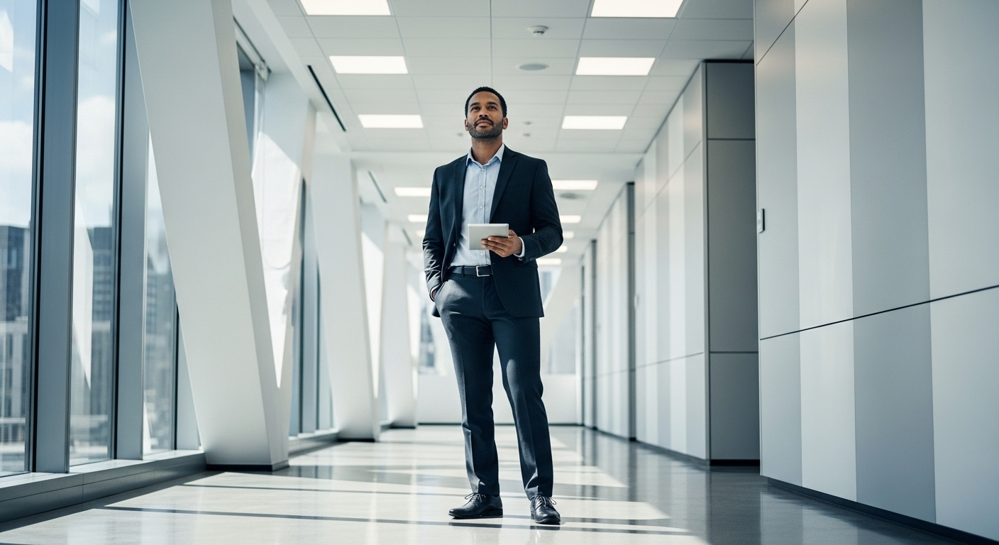 Người chuyên nghiệp tự tin với nụ cười nhẹ, tư thế thoải mái trong hành lang văn phòng hiện đại, sẵn sàng cho mọi câu hỏi phỏng vấn.