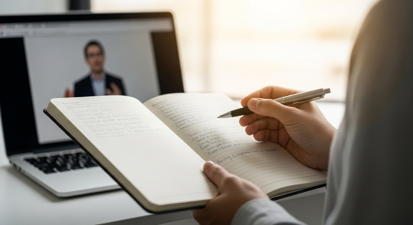 Cận cảnh đôi tay ghi chú trong sổ chuyên nghiệp với bút, trên màn hình laptop mờ phía sau hiển thị nội dung chuẩn bị cho Cách tự tin phỏng vấn. Cận cảnh đôi tay ghi chú trong sổ chuyên nghiệp với bút, trên màn hình laptop mờ phía sau hiển thị nội dung chuẩn bị cho Cách tự tin phỏng vấn.