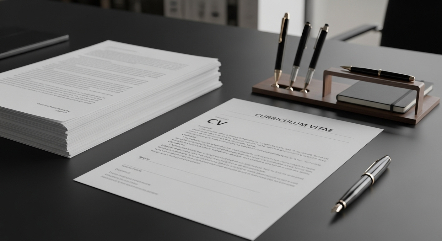 Bàn làm việc ngăn nắp, chuyên nghiệp với chồng tài liệu, trong đó có một CV xin việc, đặt cạnh bút máy và khay đựng tối giản, thể hiện sự tỉ mỉ.