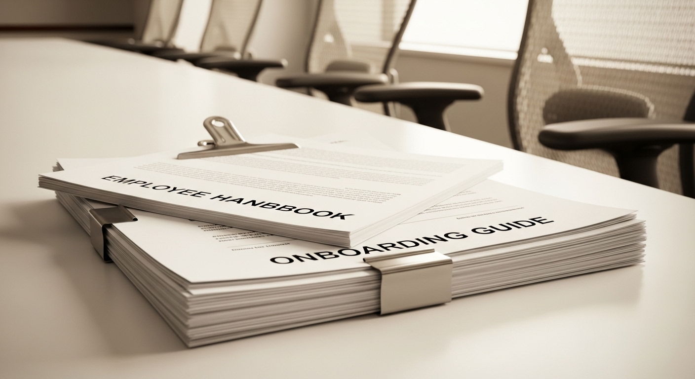Chồng tài liệu công ty ngăn nắp (Sổ tay nhân viên, Hướng dẫn onboarding) trên bàn họp, chuẩn bị sẵn sàng cho nhân viên mới, bao gồm cả việc gửi thư chào mừng nhân viên mới.