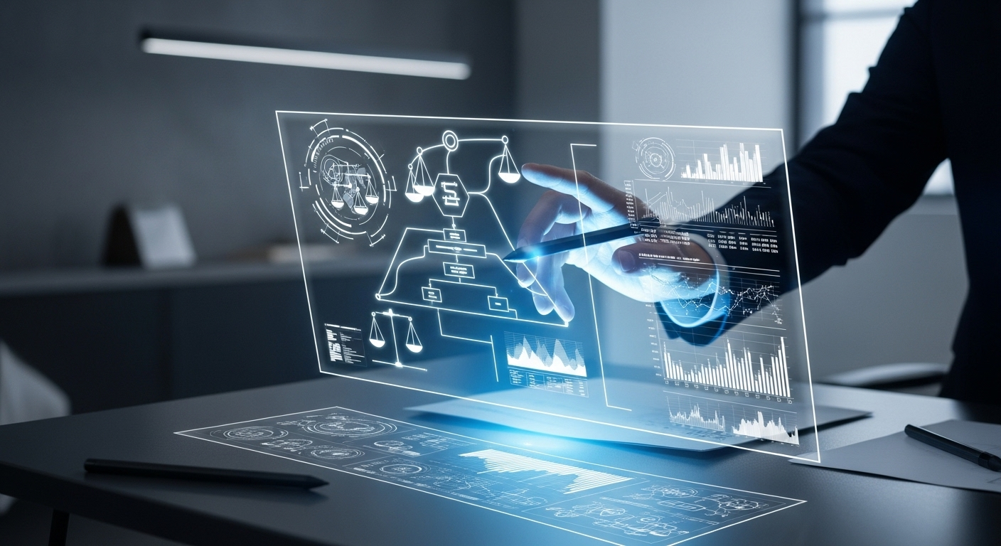 Bàn tay chuyên gia tương tác màn hình công nghệ cao hiển thị sơ đồ pháp lý phức tạp và dữ liệu. Hình ảnh này minh họa ứng dụng công nghệ tiên tiến trong ngành Luật, phản ánh nhu cầu tuyển dụng nhân lực ngành Luật có năng lực và kỹ năng cao.