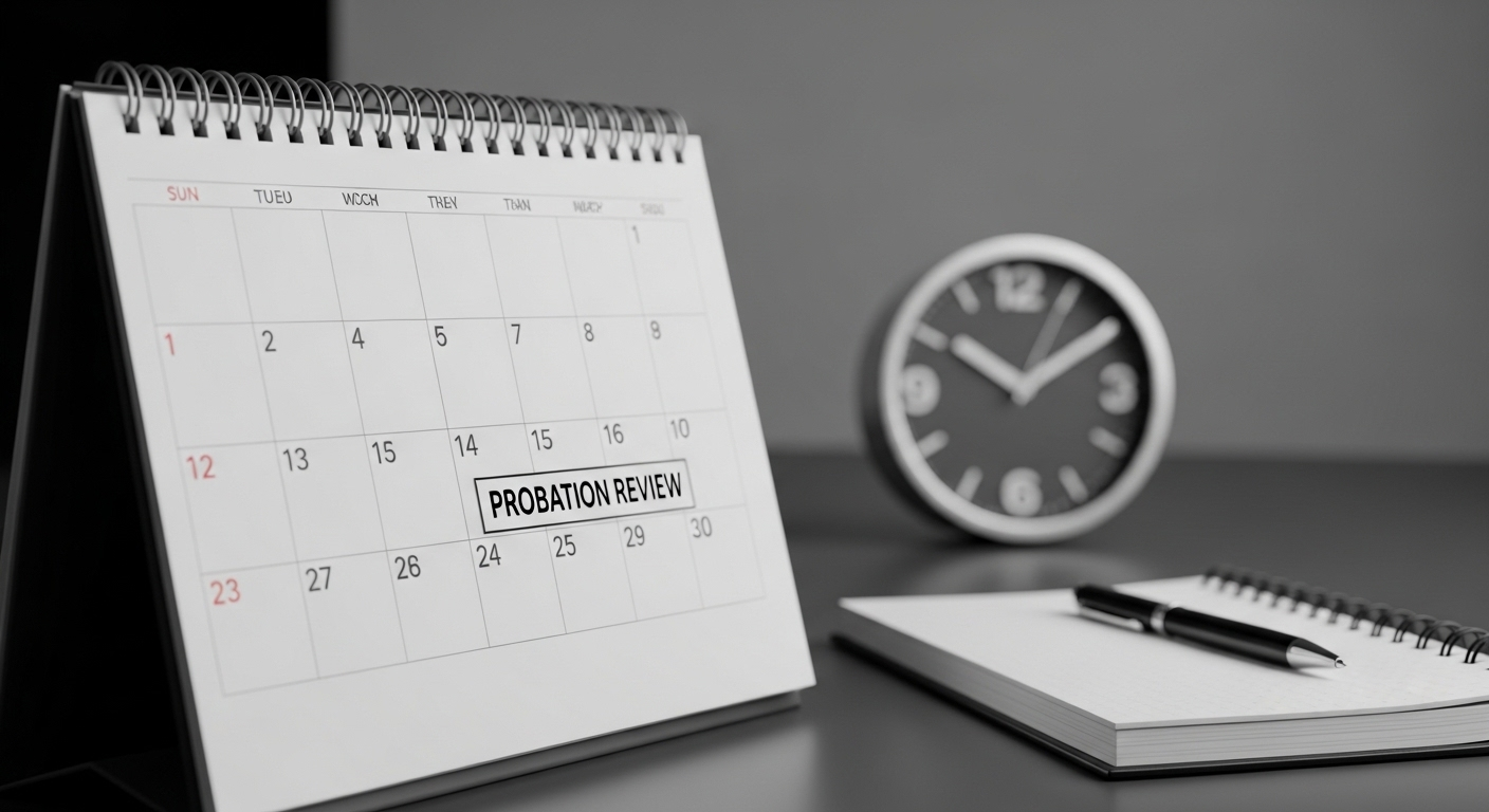 Lịch bàn hiện ngày 'Probation Review', cùng sổ và bút chuyên nghiệp, đánh dấu mốc quan trọng của hợp đồng thử việc.