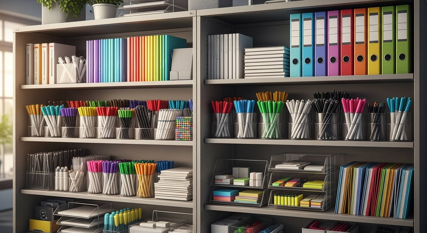 Tủ văn phòng phẩm đầy đủ và ngăn nắp với bút, sổ, kẹp màu sắc, hỗ trợ hoạt động hành chính nhân sự hiệu quả.