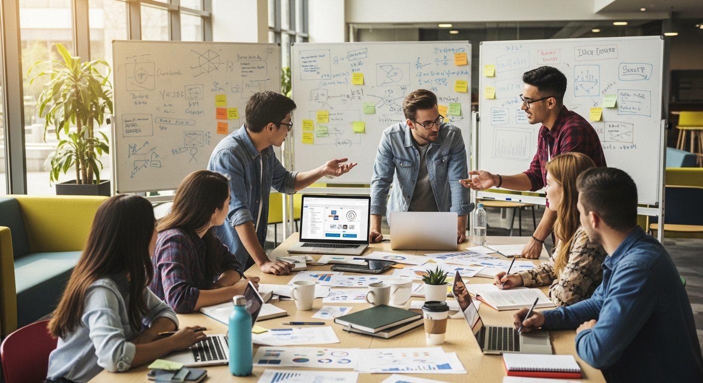 Sinh viên các Top trường đại học ở Hà Nội năng động làm việc nhóm, thảo luận dự án trong không gian học tập hiện đại.