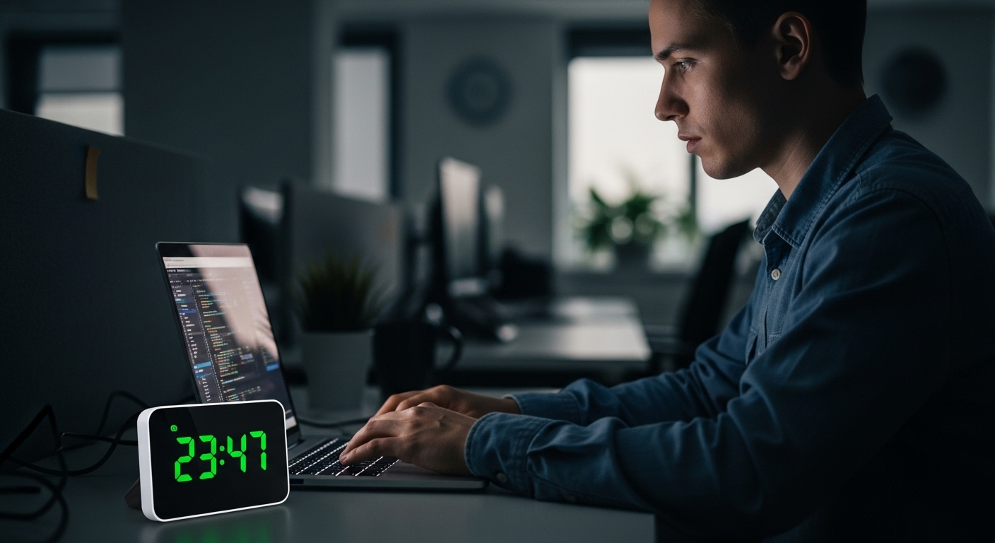 Người ngồi làm việc tập trung trên laptop với đồng hồ đếm ngược kỹ thuật số, hình ảnh thể hiện năng suất làm việc hiệu quả.