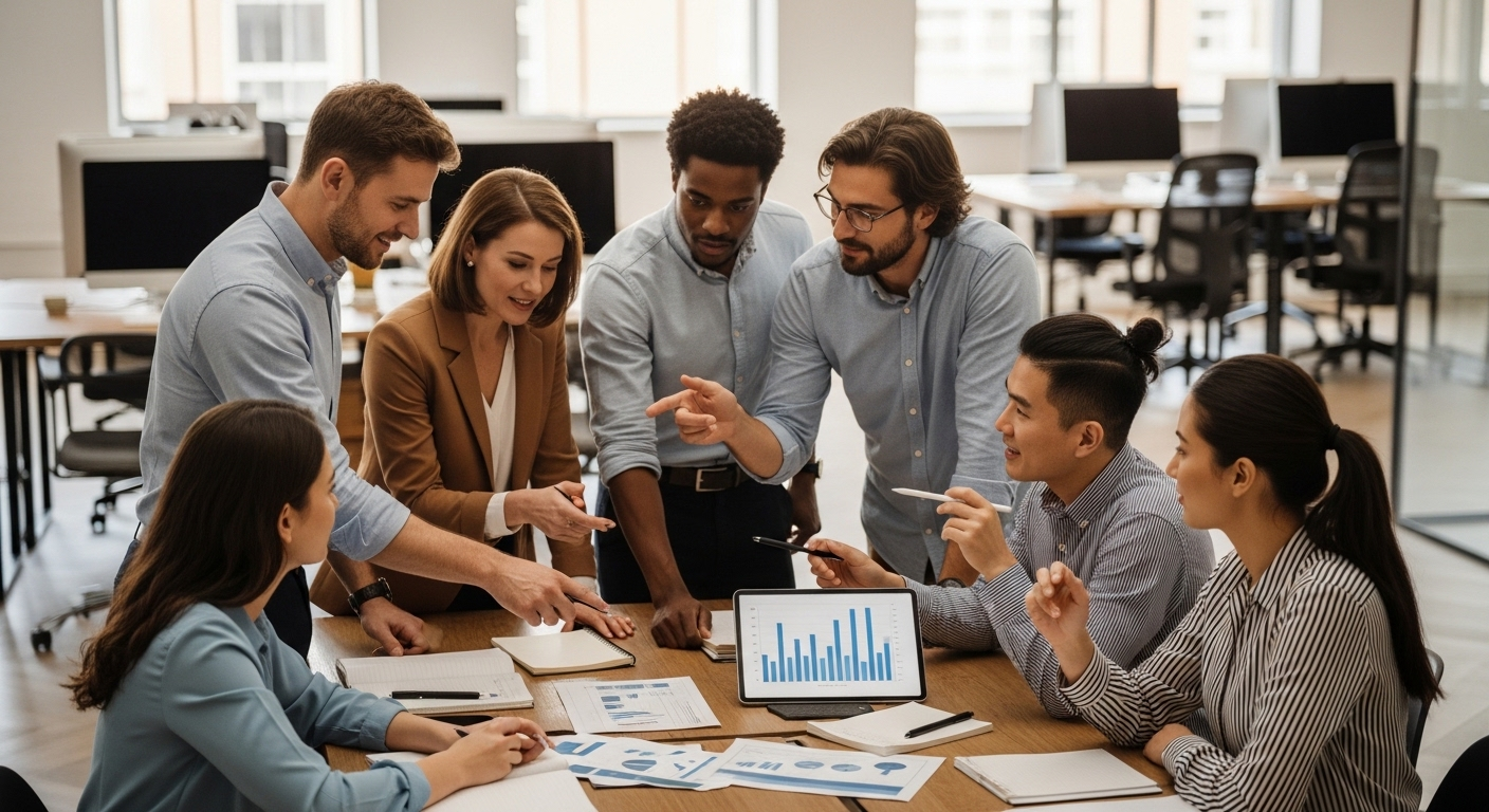 Đội ngũ chuyên nghiệp đa dạng thảo luận sôi nổi tại văn phòng hiện đại, thể hiện tinh thần cộng tác giữa các vai trò, từ quản lý đến tìm hiểu nhân viên kinh doanh là gì trong môi trường làm việc chung.