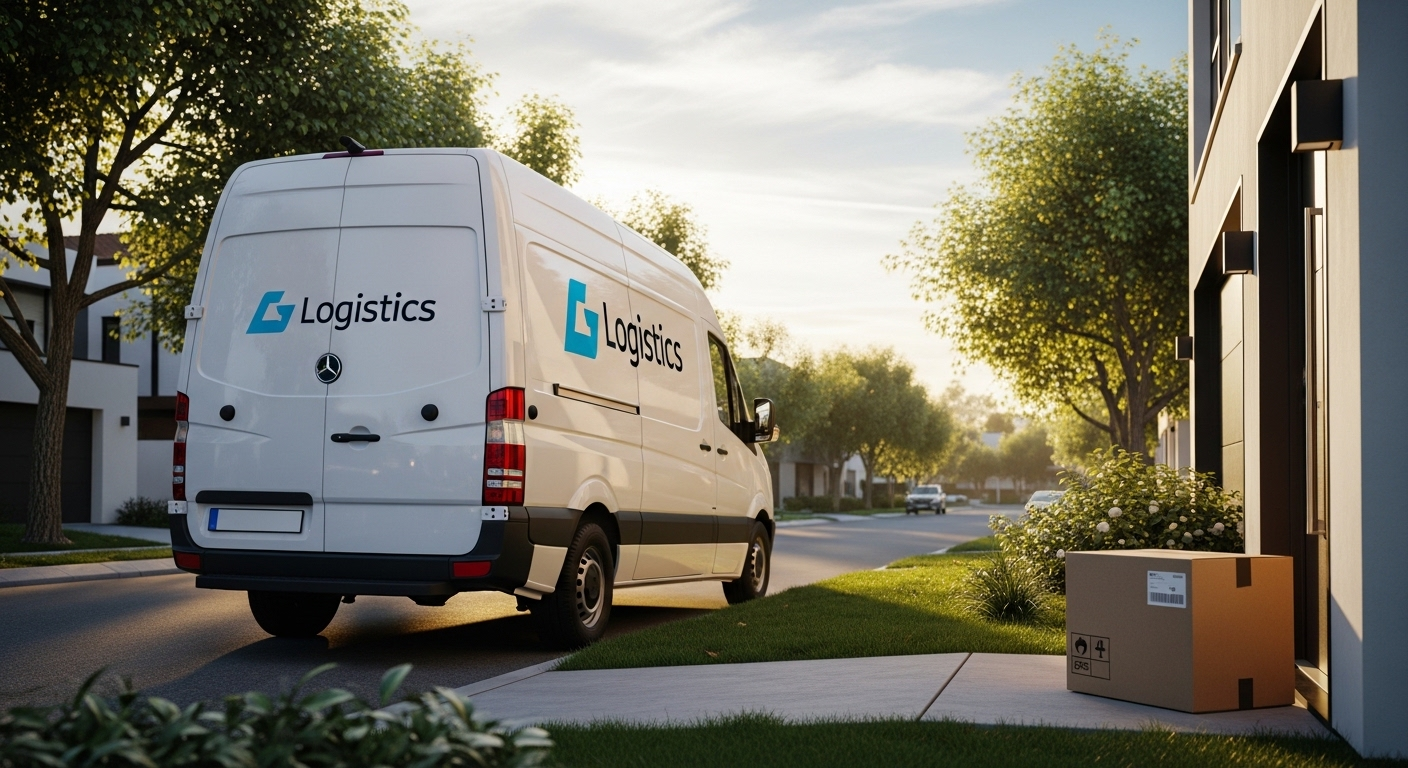 Xe van trắng của công ty logistics đậu trước nhà hiện đại ở ngoại ô, thùng hàng được giao thành công trên bậc cửa. Hình ảnh minh họa rõ ràng về quy trình giao nhận, giúp bạn hiểu hơn Logistics là gì.