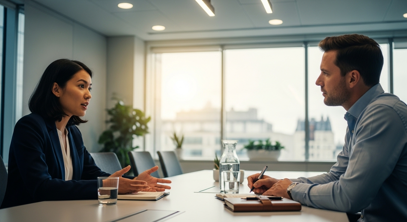 Hai người đang luyện tập phỏng vấn xin việc tiếng Anh trong phòng họp hiện đại; một người đặt câu hỏi, người kia lắng nghe và ghi chú.