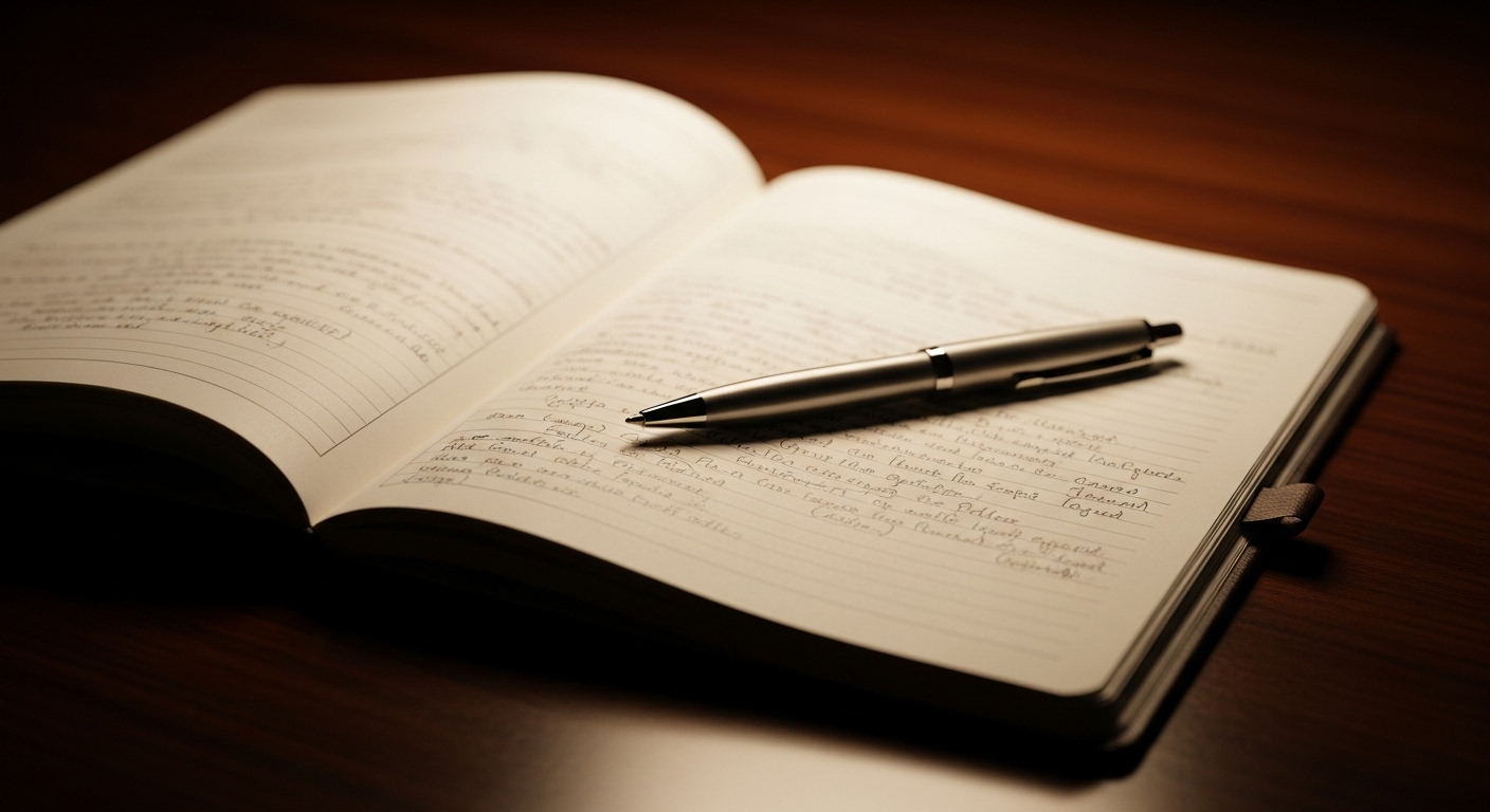Cận cảnh sổ tay chuyên nghiệp mở ra, với các ghi chú viết tay về câu hỏi phỏng vấn và bút, đặt trên mặt bàn gỗ tối màu bóng loáng.