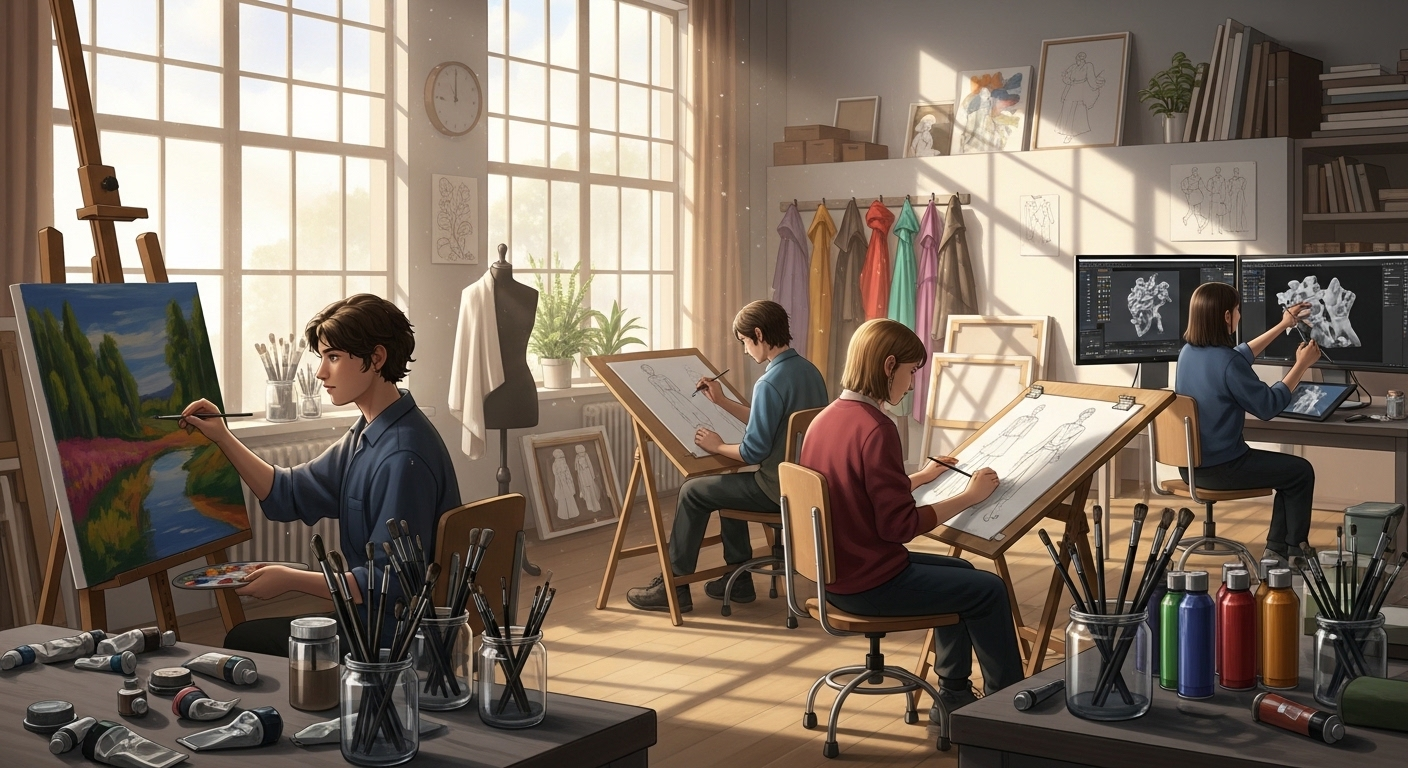 Xưởng nghệ thuật rộng rãi, ngập tràn ánh sáng tự nhiên, nơi sinh viên tại trường Cao đẳng tốt nhất Hà Nội đang say mê vẽ tranh, phác thảo thời trang và điêu khắc kỹ thuật số.