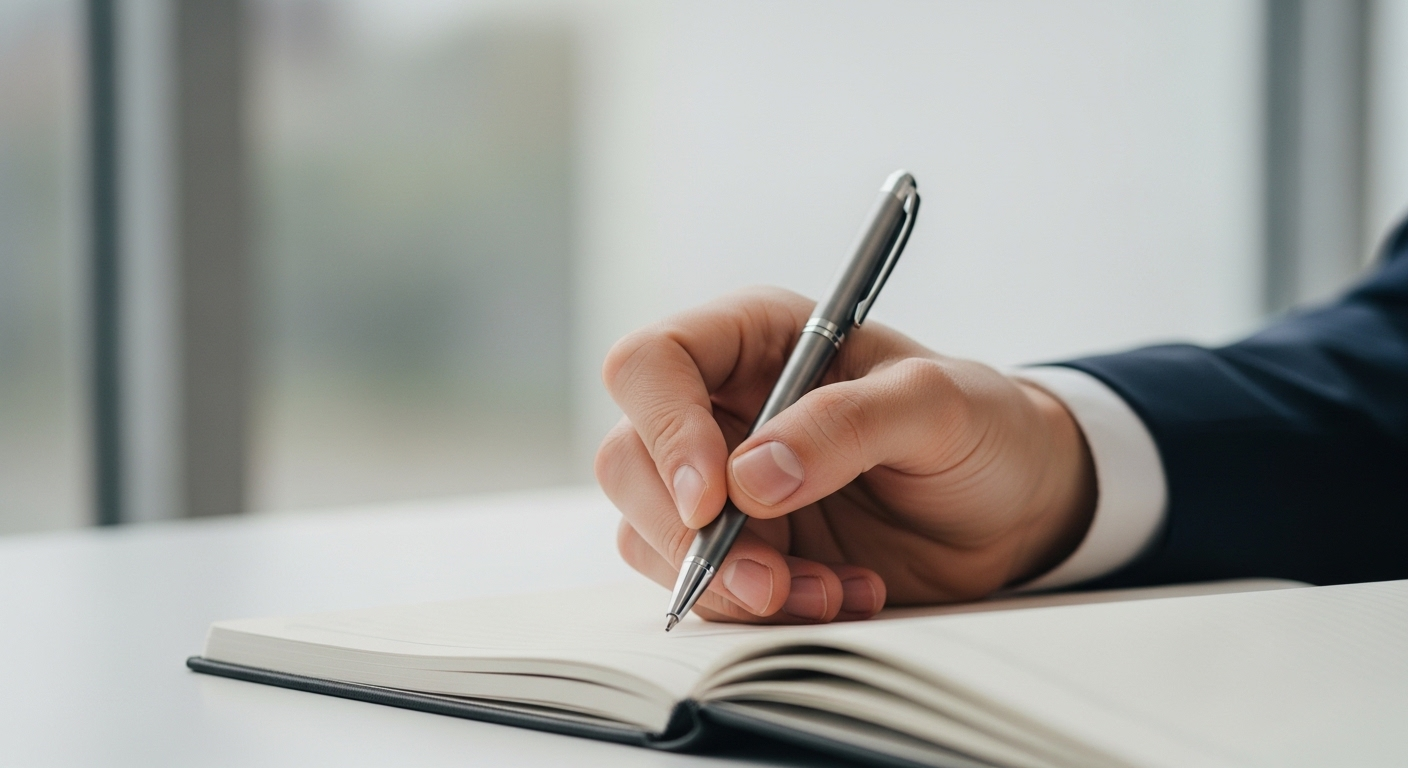 Bàn tay chuyên nghiệp cầm bút, cẩn thận ghi chép các câu hỏi phỏng vấn xin việc vào sổ tay.