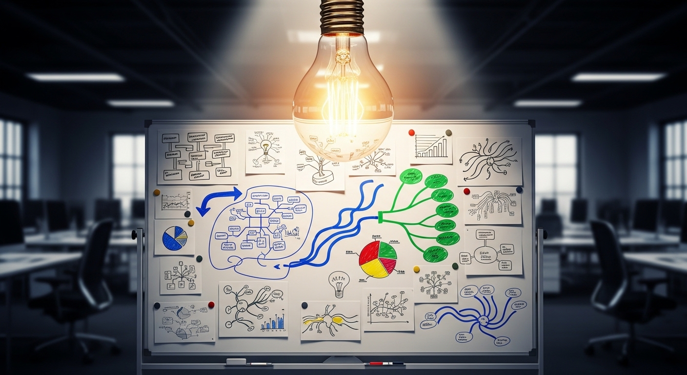 Bảng trắng văn phòng hiện đại với bóng đèn sáng rực, các sơ đồ ý tưởng đột phá, hỗ trợ phác thảo giải pháp và trả lời hiệu quả các câu hỏi phỏng vấn.