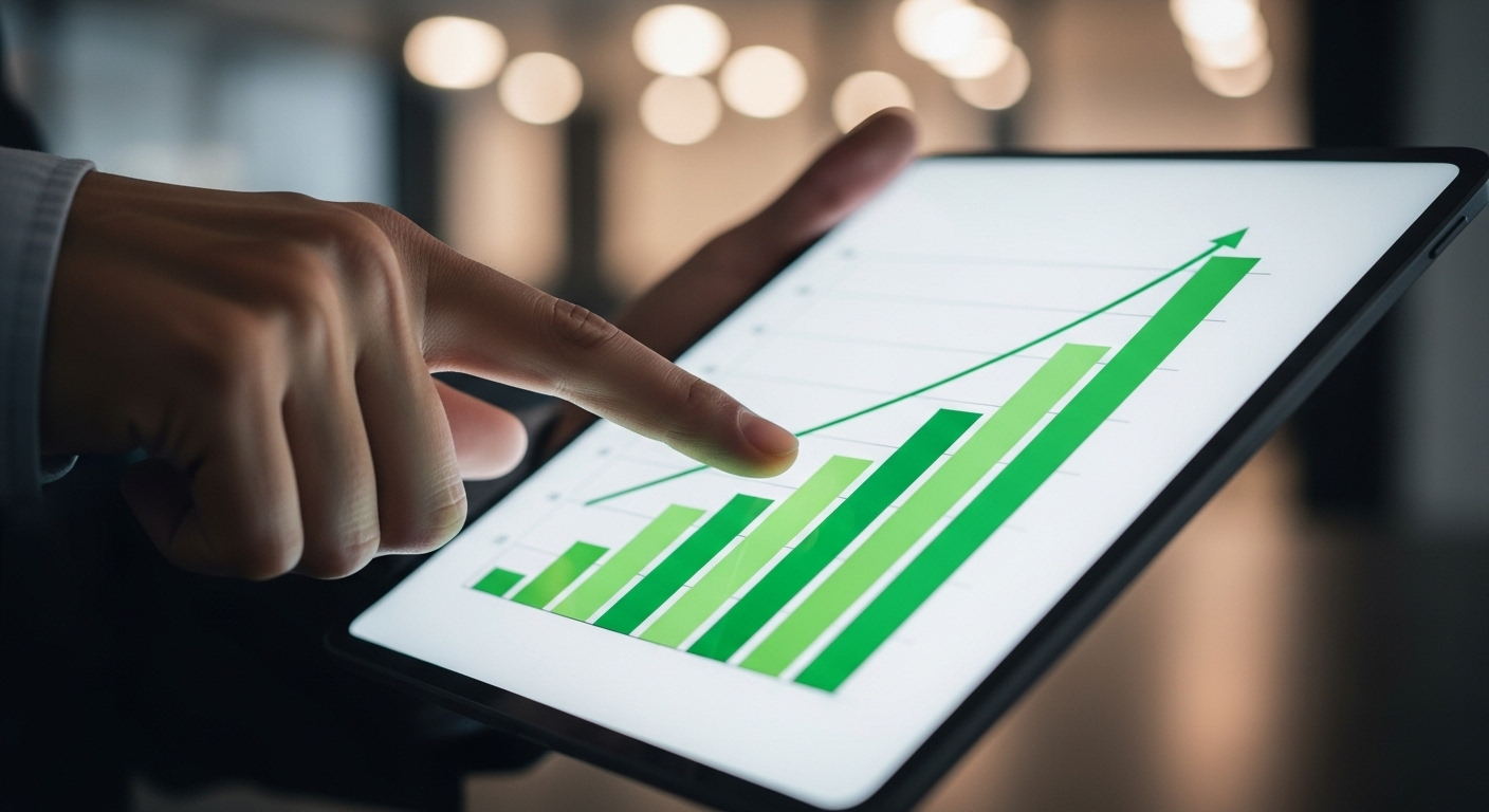 Một bàn tay lướt trên máy tính bảng hiển thị biểu đồ tăng trưởng sự nghiệp, tượng trưng cho thành tựu từ việc chuẩn bị kỹ lưỡng các câu hỏi phỏng vấn xin việc trong bối cảnh văn phòng hiện đại.