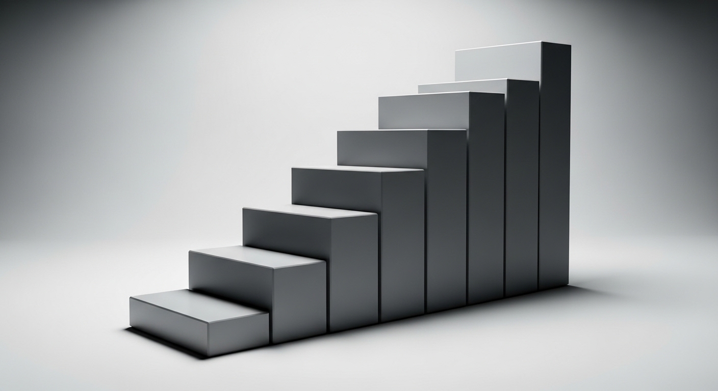 Cầu thang từ khối hình học xám mịn, tăng dần kích thước trên nền trắng tối giản, tượng trưng cho lộ trình phát triển qua các câu hỏi phỏng vấn chuyên nghiệp.