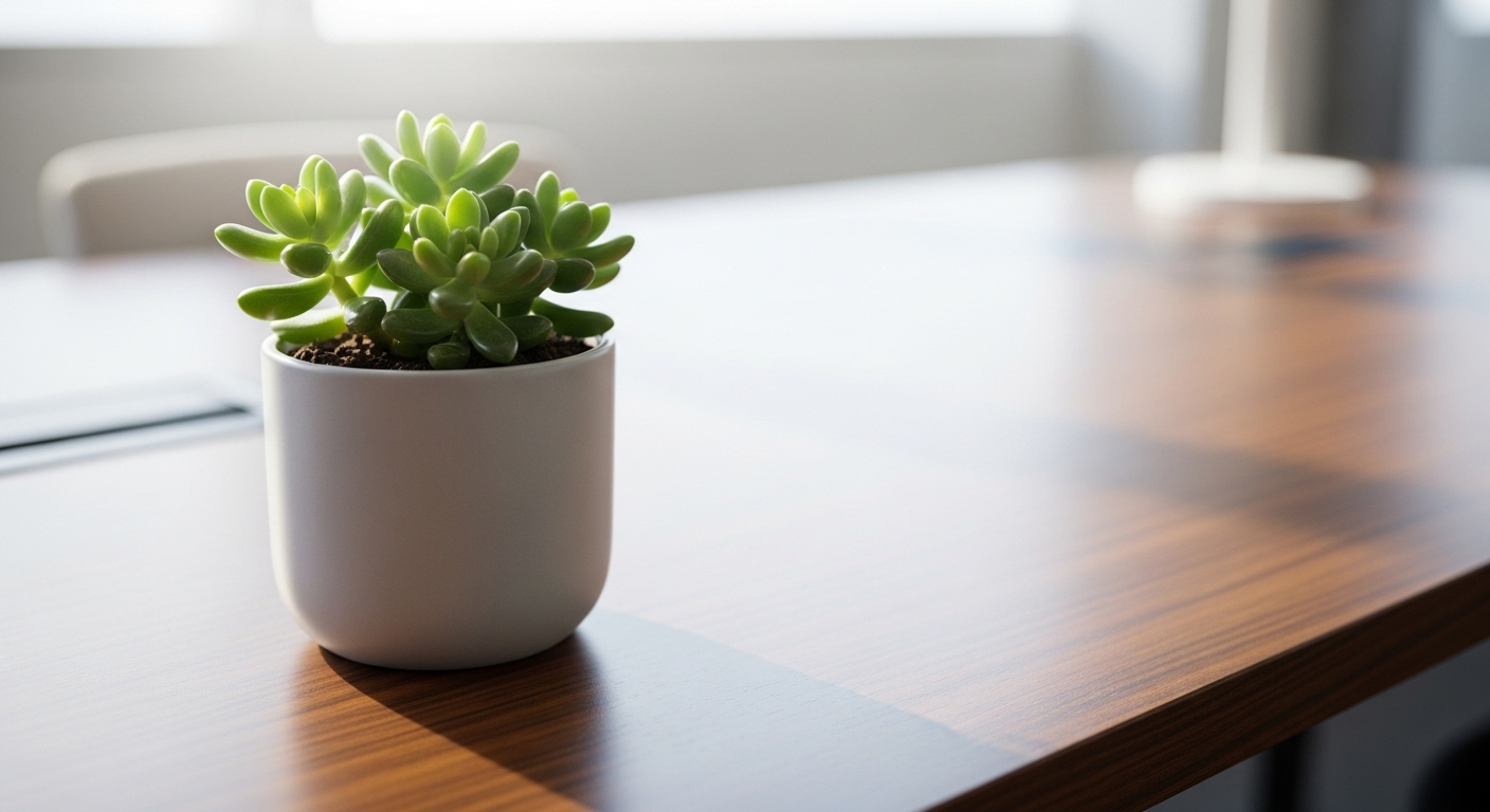 Cây sen đá xanh tươi trong chậu trên bàn làm việc tối giản, tạo không gian lý tưởng để học cách giới thiệu bản thân khi phỏng vấn hiệu quả.