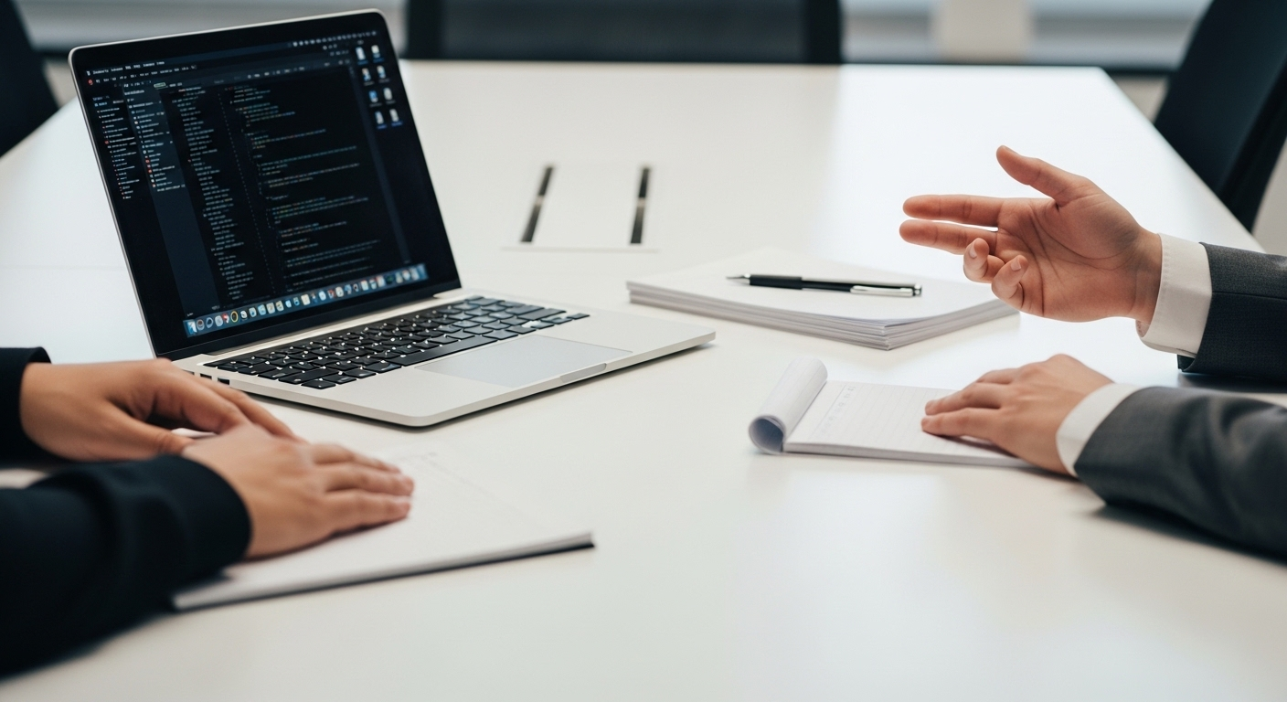 Bàn hội nghị hiện đại với laptop, sổ ghi chú và bút. Hai cặp tay đang tương tác, tạo không khí chuyên nghiệp cho một buổi phỏng vấn hoặc thảo luận chuyên sâu về các câu hỏi phỏng vấn Angular Developer.