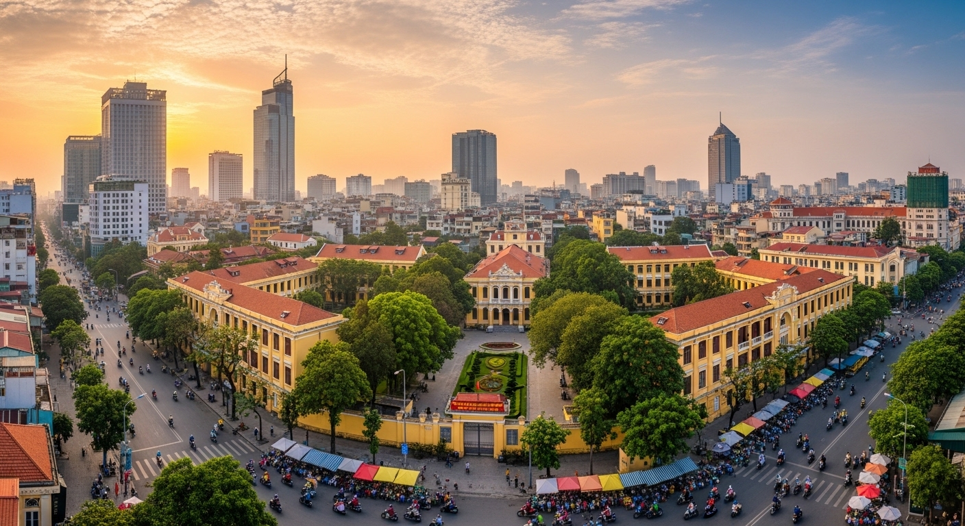 Quang cảnh Hà Nội hoàng hôn, nổi bật các tòa nhà top trường đại học công lập Hà Nội với khuôn viên xanh, xen kẽ kiến trúc hiện đại và truyền thống.