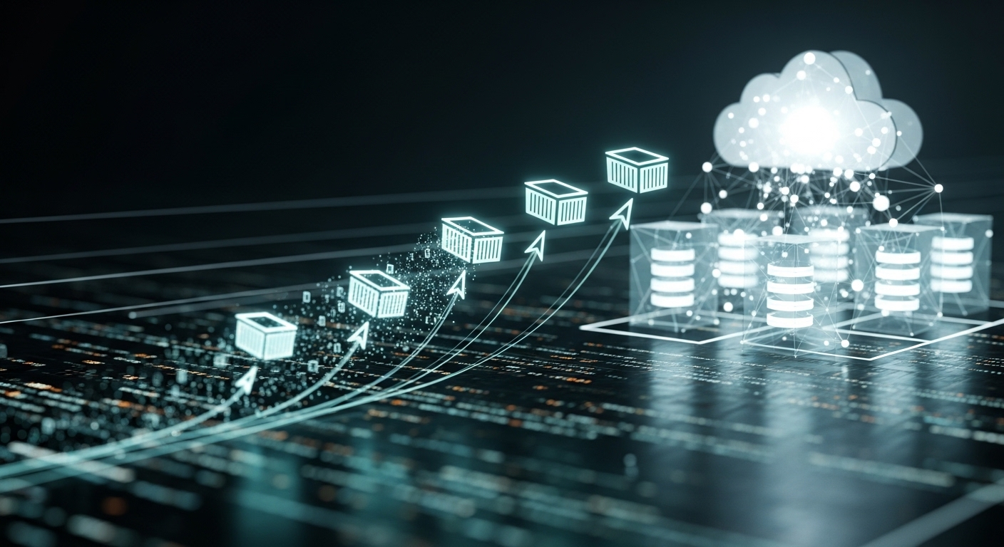 Mã lập trình trừu tượng chuyển thành container phát sáng, triển khai lên hạ tầng đám mây, minh họa kiến trúc vi dịch vụ và khả năng mở rộng. Đây là chủ đề cốt lõi thường gặp trong các câu hỏi phỏng vấn Spring Boot về triển khai và kiến trúc hiện đại.