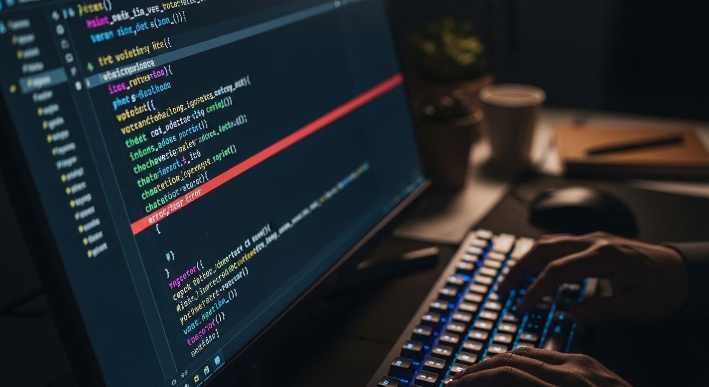 Lập trình viên đang căng thẳng gỡ lỗi mã nguồn, với lỗi hiển thị đỏ trên màn hình. Kỹ năng này rất quan trọng, thường được đánh giá qua các câu hỏi phỏng vấn React Native.
