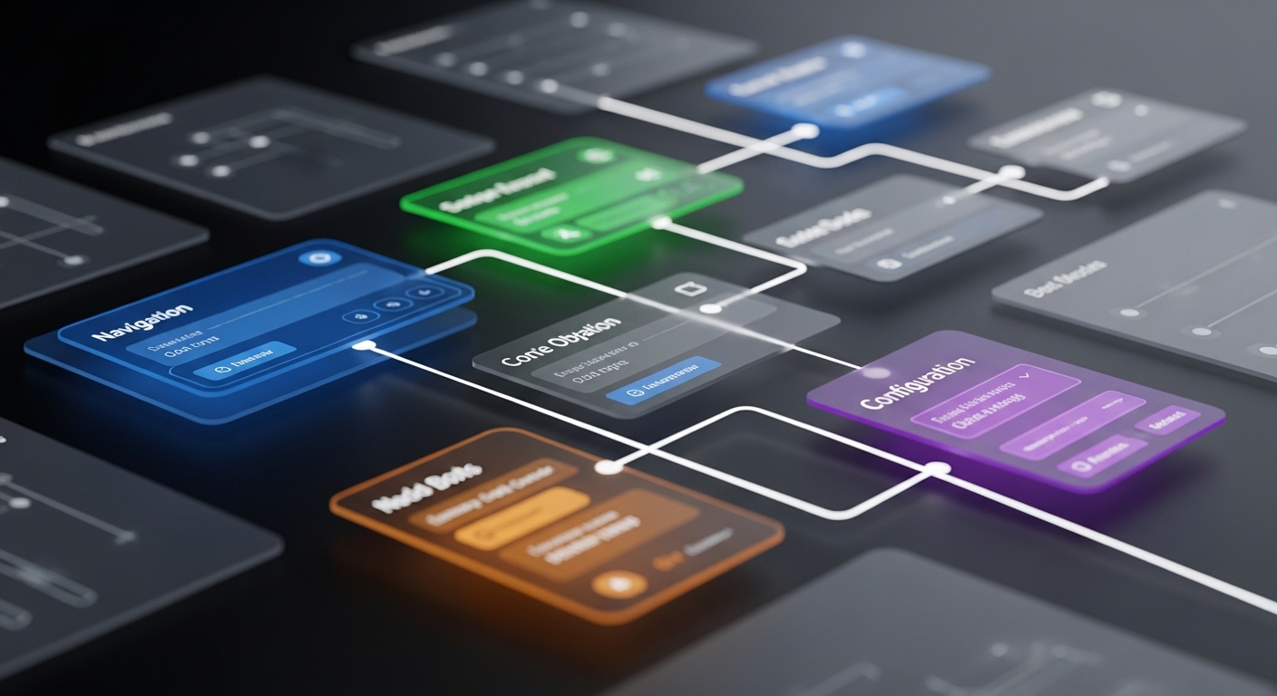 Giao diện kỹ thuật số mô tả cấu trúc Page Object Model (POM) với các module màu sắc, minh họa khái niệm cốt lõi cho câu hỏi phỏng vấn Automation Test.