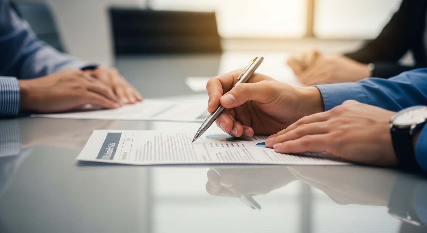 Cận cảnh hai tay trên bàn hội nghị hiện đại, một tay giữ bút trên tài liệu chuyên nghiệp, tay còn lại đặt chú tâm. Gợi ý cuộc thảo luận tập trung về câu hỏi phỏng vấn và cách trả lời hiệu quả.