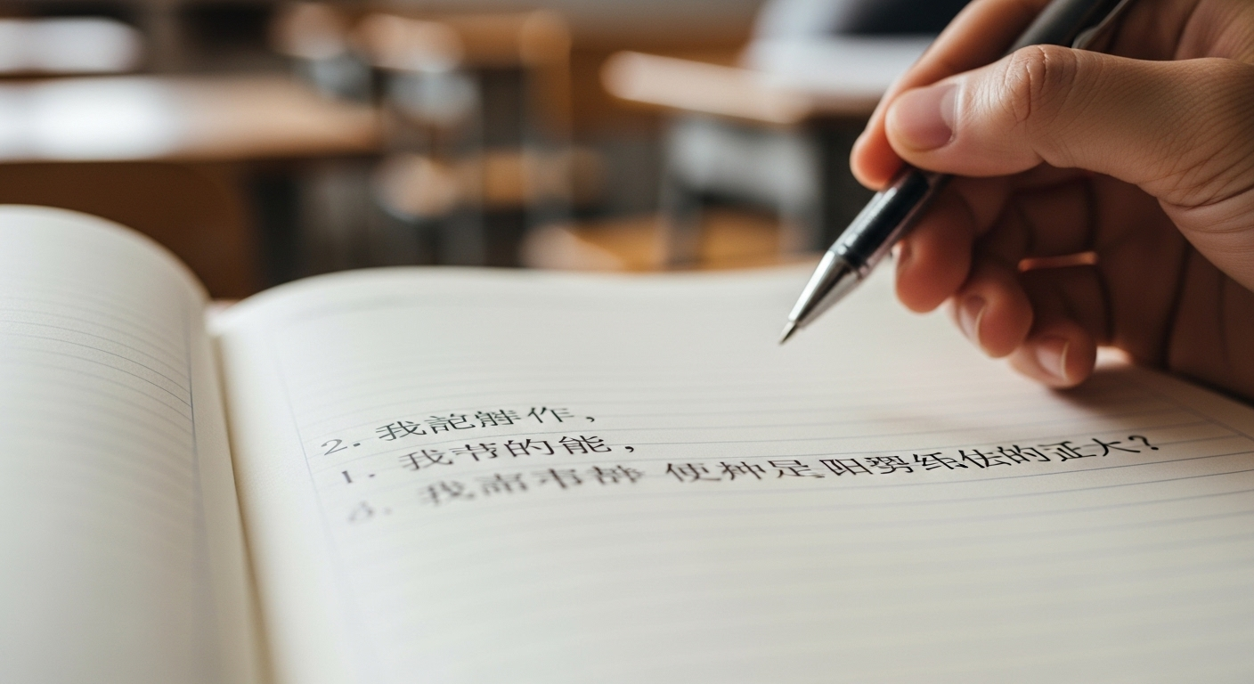 Cận cảnh sổ tay mở với chữ tiếng Trung và tay cầm bút, minh họa việc học ngôn ngữ cần thiết cho xuất khẩu lao động Đài Loan.