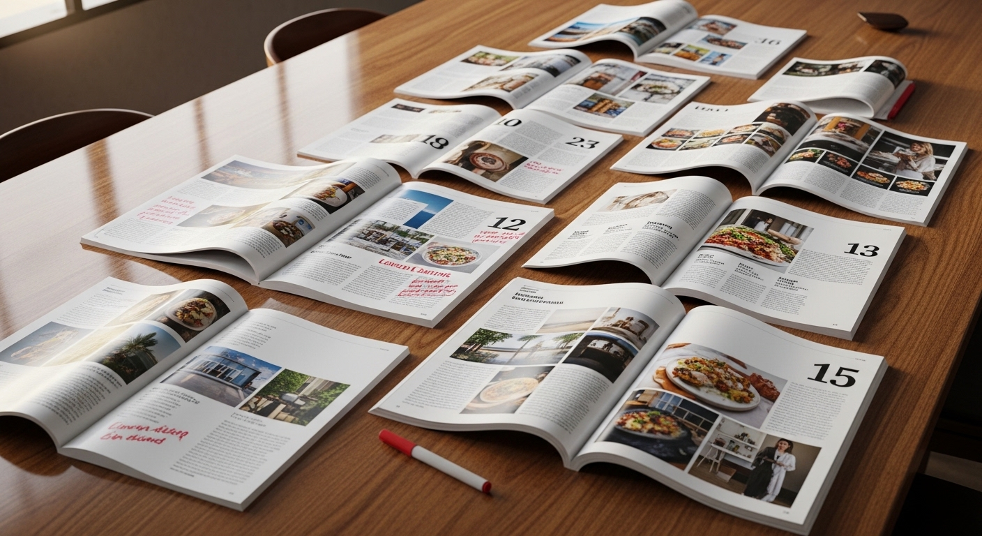 Ảnh flat lay các trang maket (bản in thử) tạp chí lifestyle trải trên bàn gỗ, với thiết kế biên tập, hình ảnh và chữ giữ chỗ. Bút dạ đỏ cạnh bên, minh họa trực quan Maket là gì trong quy trình dàn trang.