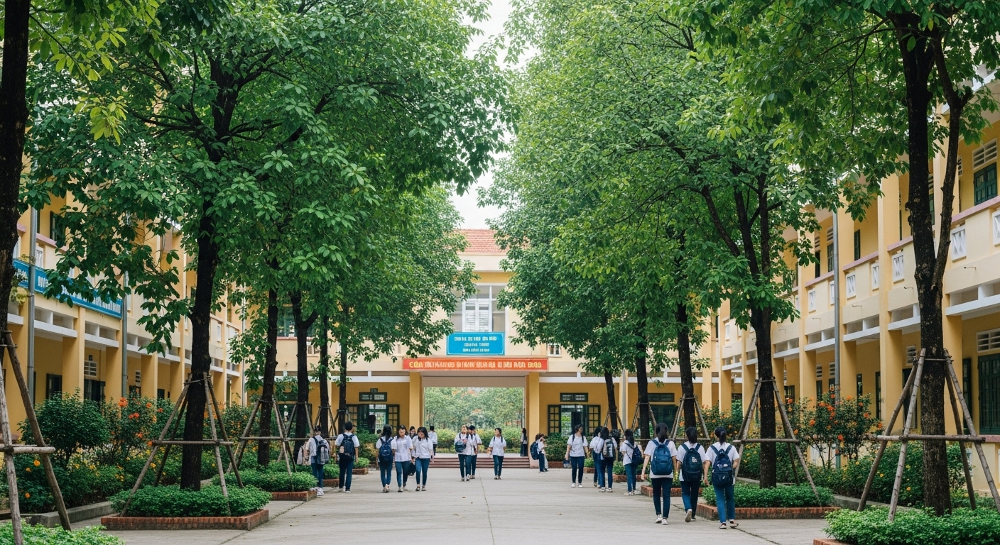Sân trường xanh mát, yên bình của một trường THPT tại Hà Nội với cây cối, hoa rực rỡ và học sinh đi dạo trên lối đi lát gạch trong giờ giải lao, thể hiện không gian học tập lý tưởng của một trường THPT tốt nhất Hà Nội.